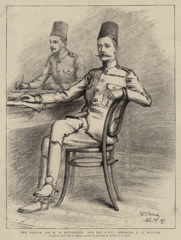 Sirdar, Sir HH Kitchener a jeho ADC, Bimbashi JK Watson (foto) od William T. Maud