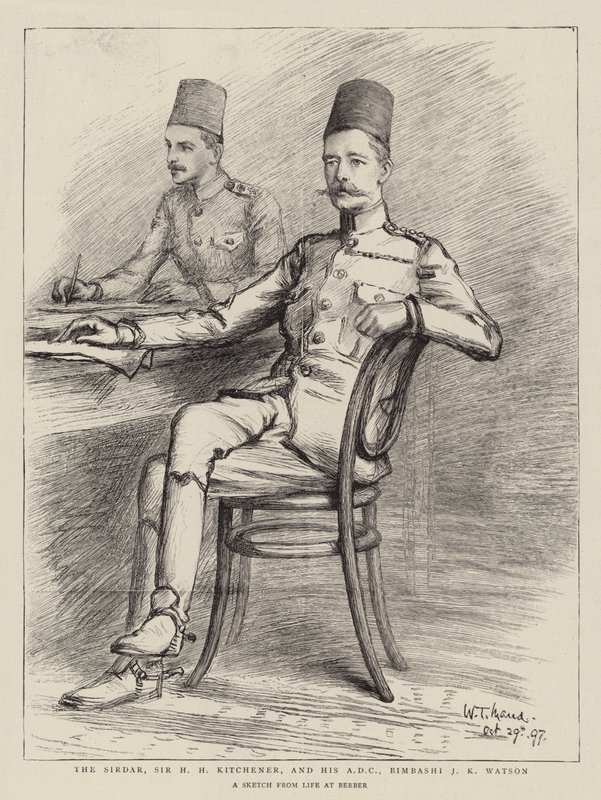 Sirdar, Sir H H Kitchener, a jeho ADC, Bimbashi J K Watson od William T. Maud
