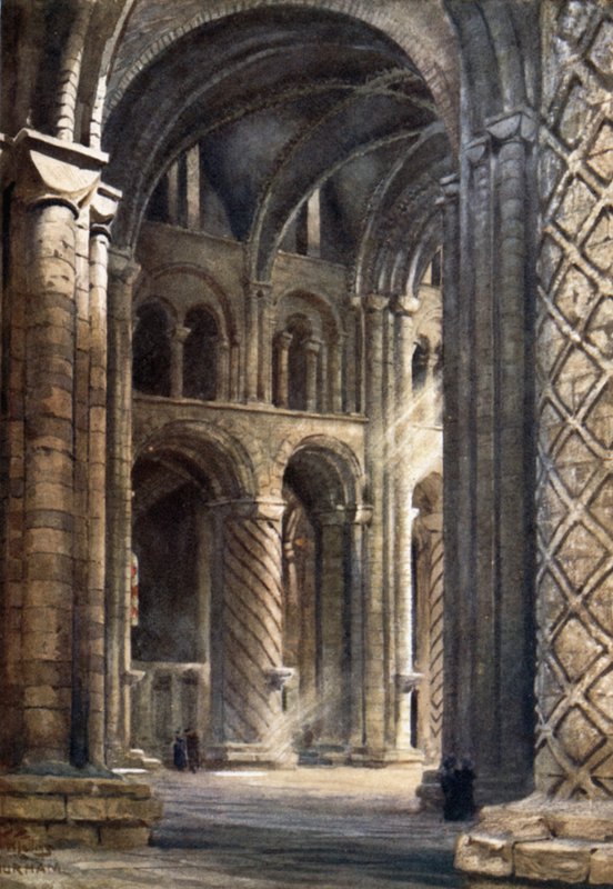 Durham, interiér katedrály při pohledu přes hlavní loď do jižní transeptu (barevné lito) od William Wiehe Collins