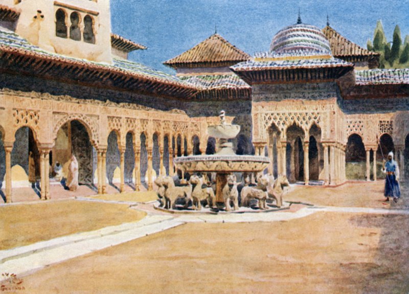 Granada, Alhambra, Dvůr lvů (barevné lito) od William Wiehe Collins