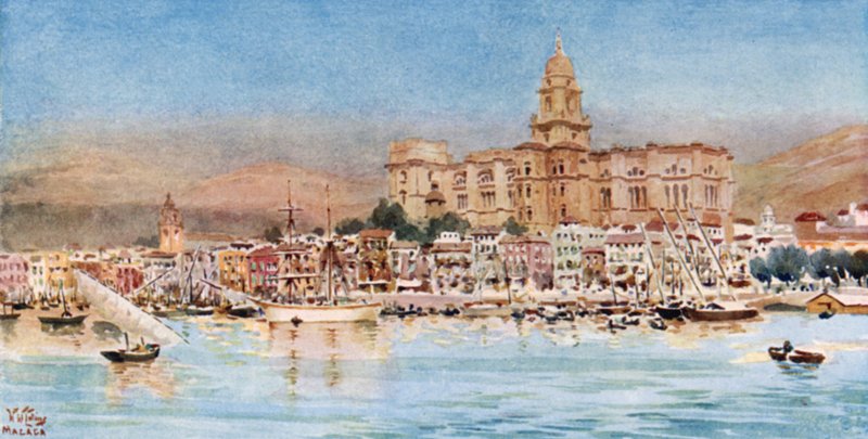 Malaga, pohled z přístavu (barva litho) od William Wiehe Collins