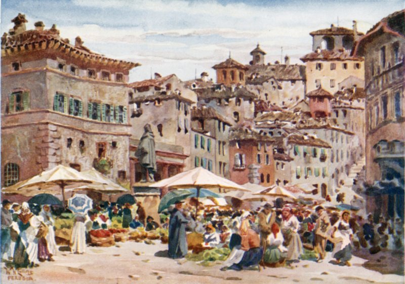 Perugia. Piazza Garibaldi (barevné lito) od William Wiehe Collins