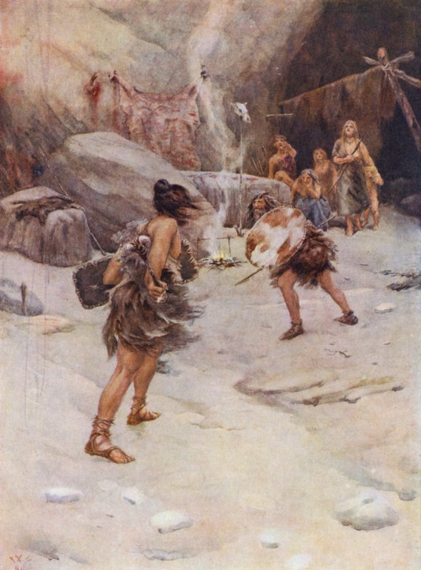 Pravěký člověk (barevná litografie) od William Wiehe Collins