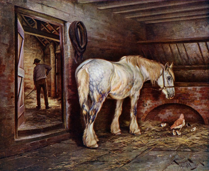 Na konci dne: kůň ve stájích, když se muž šourá (barva litho) od Wright Barker