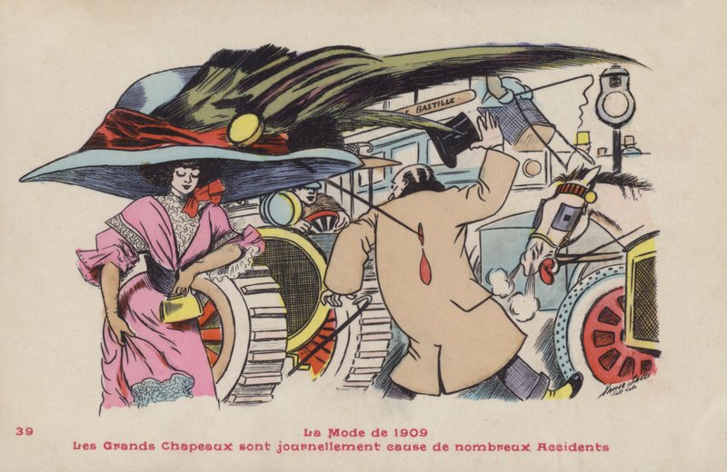 Pohlednice satirizující nebezpečí velkých klobouků a s nimi spojených kloboukových spon - móda roku 1909 od Xavier Sager