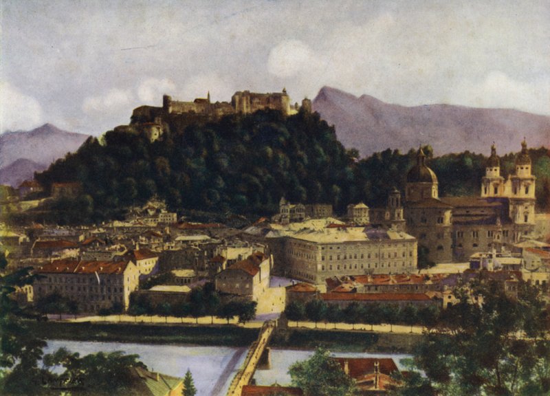 Pohled na Salzburg a Hohen-Salzburg, Rakousko od after A. Langfier