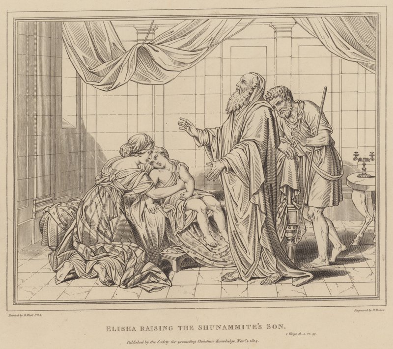Elíša zvedá syna Shunamitů, 2 krále od after Benjamin West