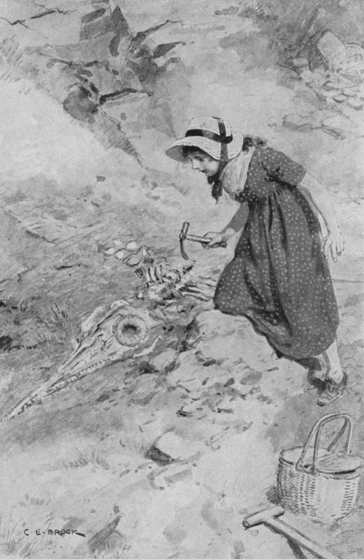 V Lyme Regis Mary Anningová, 12 let, naráží na prvního Ichthyosaura nalezeného v Anglii od after Charles Edmund Brock