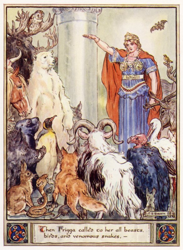 Potom Frigga svolala všechna zvířata, ptáky a jedovaté hady od after Charles Edmund Brock