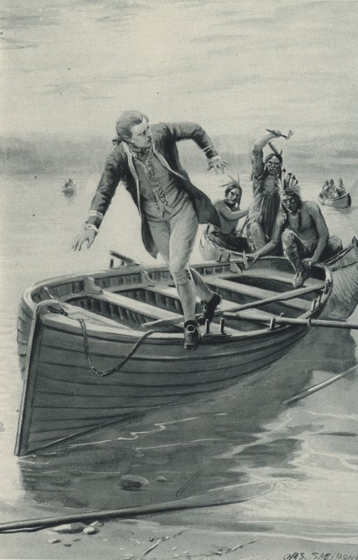 Kapitán James Cook vyskočí ze svého člunu, zatímco dovnitř naskakují Rudí indiáni od after Charles Mills Sheldon
