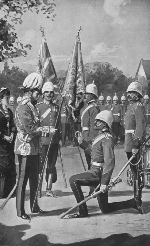 Král Edward představuje barvy královským velšským střelcům, 16. srpna 1880 od after Charles Mills Sheldon