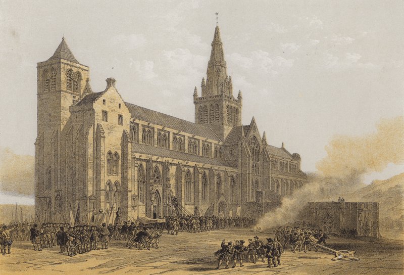 Katedrála Glasgow (St Mungos), exteriér (chromolitho) od after David Roberts