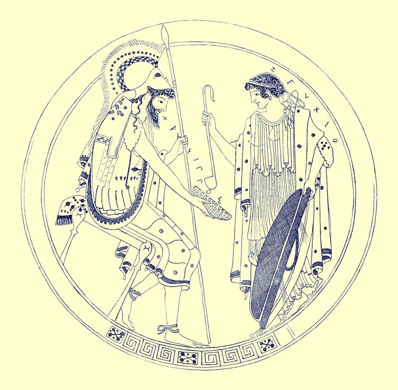Sedící válečník drží svůj pohár vína, ilustrace z řeckého Vase Paintings od J. E. Harrisona a D. S. MacColl, vydaného v roce 1894 (digitálně vylepšený obrázek) od after English School