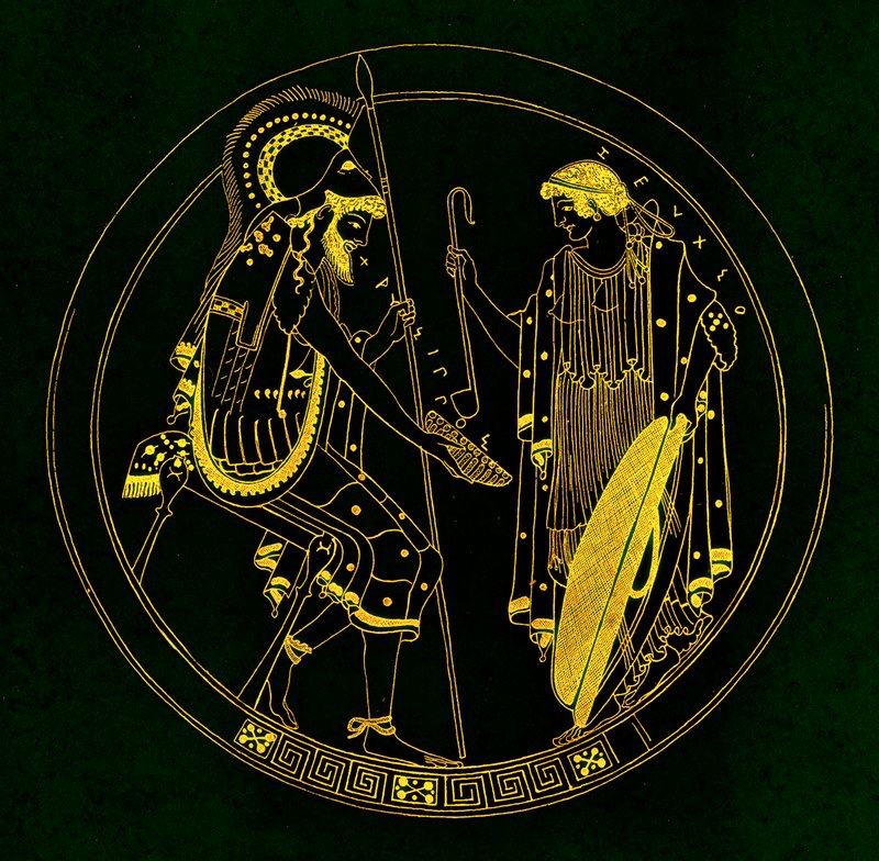 Sedící válečník drží svůj pohár vína, ilustrace z řeckého Vase Paintings od J. E. Harrisona a D. S. MacColl, vydaného v roce 1894 (digitálně vylepšený obrázek) od after English School
