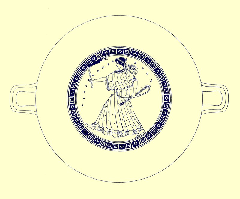 Artemis s lukem, šípem a pochodní, ilustrace z Greek Vase Paintings od J. E. Harrisona a D. S. MacColl, publikovaná v roce 1894 (digitálně vylepšený obrázek) od after English School
