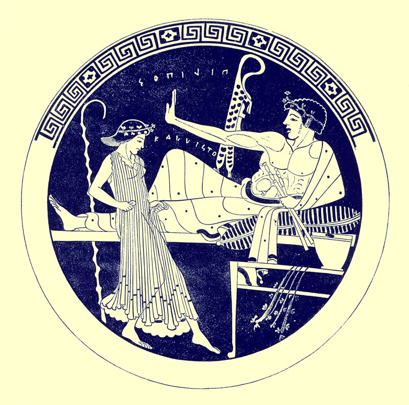 Tančící dívka a hodující mládež, ilustrace z řeckých vázových maleb od J. E. Harrisona a D. S. MacColl, publikovaná v roce 1894 (digitálně vylepšený obrázek) od after English School
