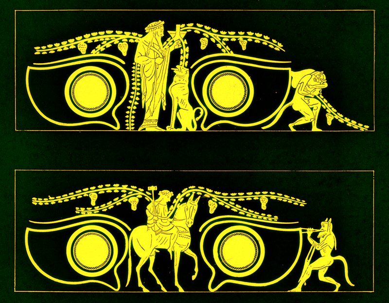 Dionysos, Héfaistos a satyrové, ilustrace z řeckých vázových maleb od J. E. Harrisona a D. S. MacColl, publikovaná v roce 1894 (digitálně vylepšený obrázek) od after English School
