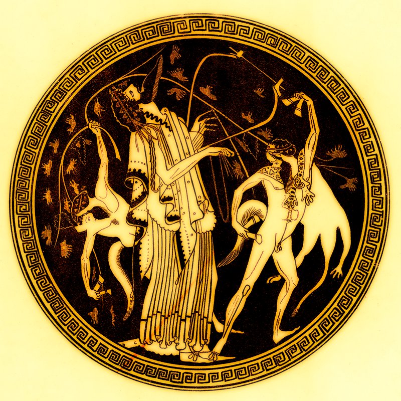 Dionysos and satyrs, ilustrace z Greek Vase Paintings od J. E. Harrisona a D. S. MacColl, publikovaná v roce 1894 (digitálně vylepšený obrázek) od after English School