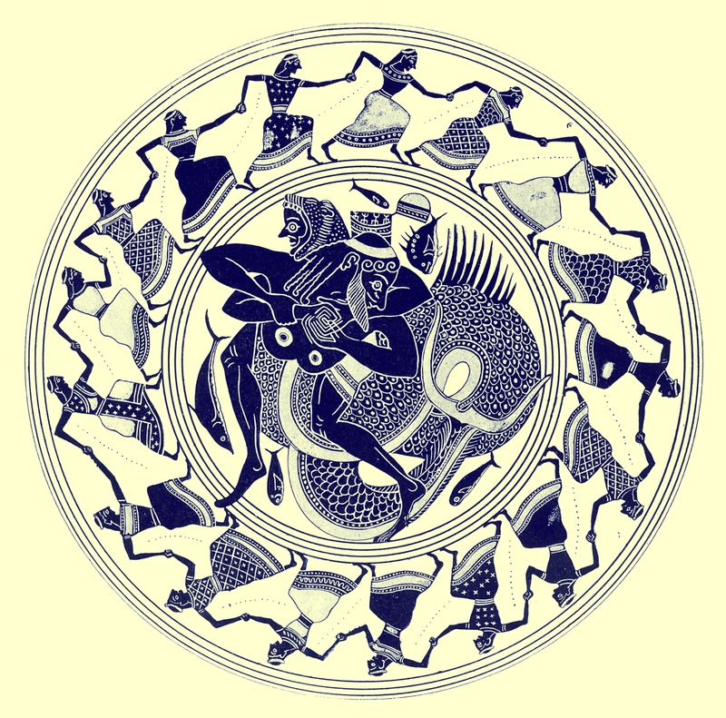 Herakles zápasí s Tritonem, ilustrace z Greek Vase Paintings od J. E. Harrisona a D. S. MacColl, publikovaná v roce 1894 (digitálně vylepšený obrázek) od after English School