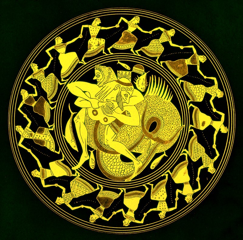 Herakles zápasí s Tritonem, ilustrace z Greek Vase Paintings od J. E. Harrisona a D. S. MacColl, publikovaná v roce 1894 (digitálně vylepšený obrázek) od after English School