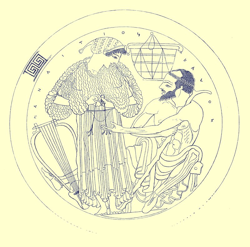 Interiér Cylix od Euphronia, ilustrace z řeckých vázových maleb od J. E. Harrisona a D. S. MacColl, publikováno 1894 (digitálně vylepšený obrázek) od after English School