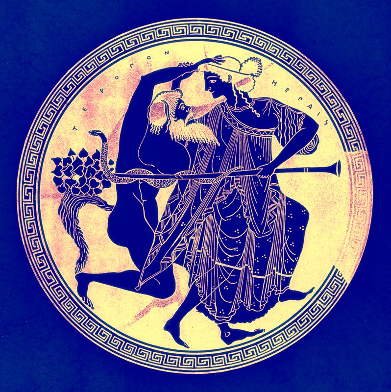 Satyr a Maenad, ilustrace z Greek Vase Paintings od J. E. Harrisona a D. S. MacColl, publikovaná v roce 1894 (digitálně vylepšený obrázek) od after English School