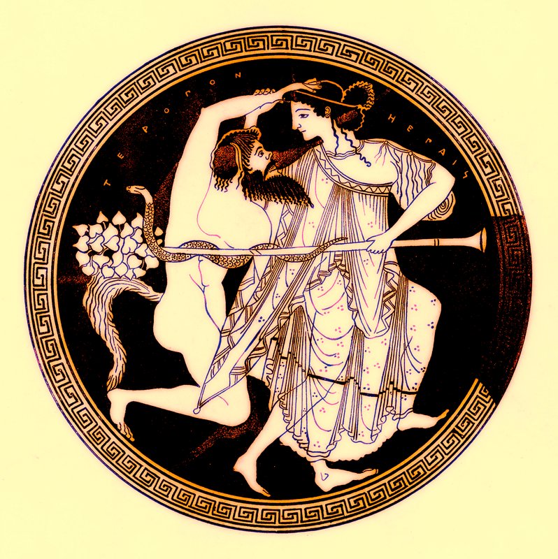 Satyr a Maenad, ilustrace z Greek Vase Paintings od J. E. Harrisona a D. S. MacColl, publikovaná v roce 1894 (digitálně vylepšený obrázek) od after English School