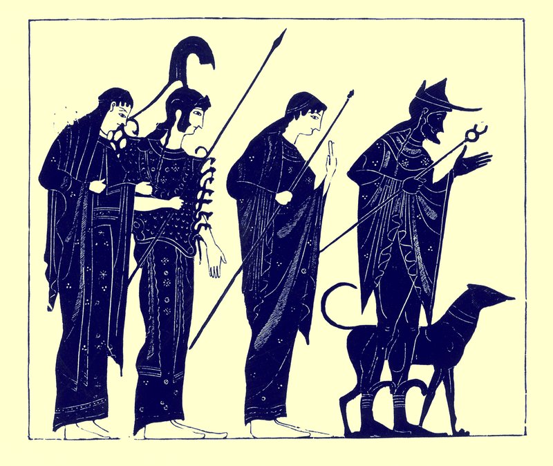 The Judgment of Paris, ilustrace z Greek Vase Paintings od J. E. Harrisona a D. S. MacColl, publikovaná v roce 1894 (digitálně vylepšený obrázek) od after English School