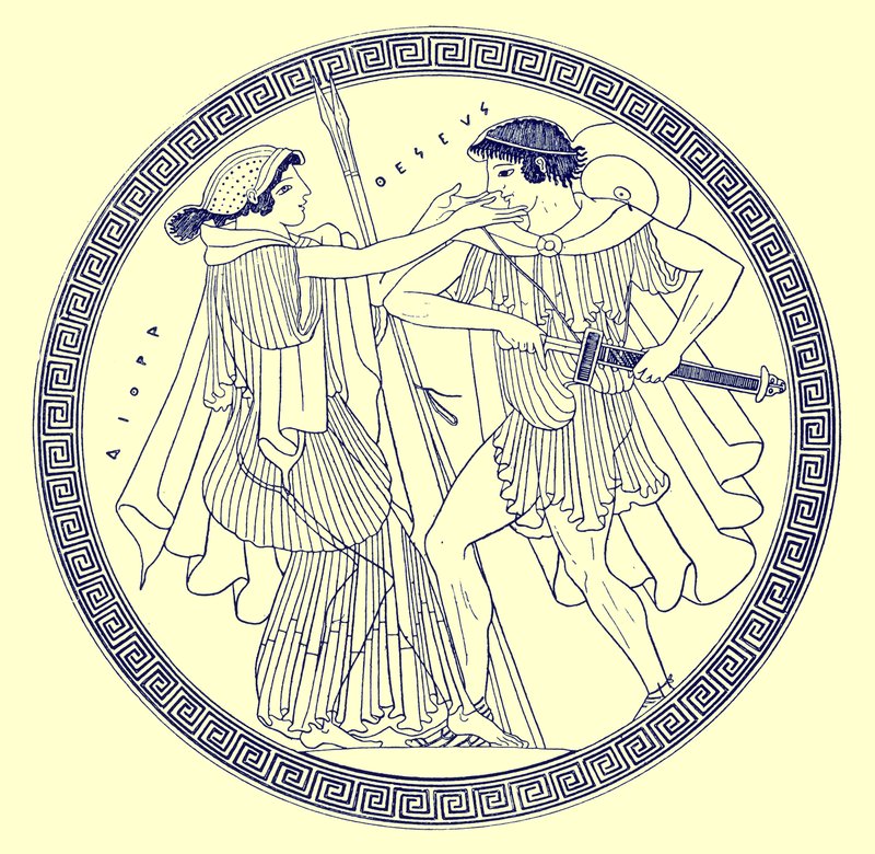 Theseus a Aethra, ilustrace z Greek Vase Paintings od J. E. Harrisona a D. S. MacColl, publikovaná v roce 1894 (digitálně vylepšený obrázek) od after English School