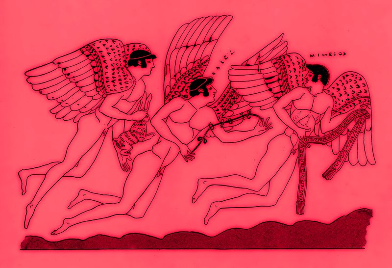 Tři okřídlení bohové lásky, ilustrace z Greek Vase Paintings od J. E. Harrisona a D. S. MacColl, publikovaná v roce 1894 (digitálně vylepšený obrázek) od after English School