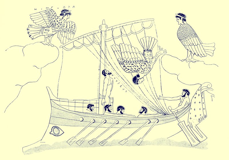 Ulysses and the Sirens, ilustrace z Greek Vase Paintings od J. E. Harrisona a D. S. MacColl, publikovaná v roce 1894 (digitálně vylepšený obrázek) od after English School