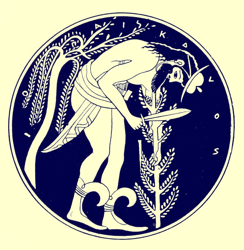 Woodman at work, ilustrace z Greek Vase Paintings od J. E. Harrisona a D. S. MacColl, publikovaná v roce 1894 (digitálně vylepšený obrázek) od after English School