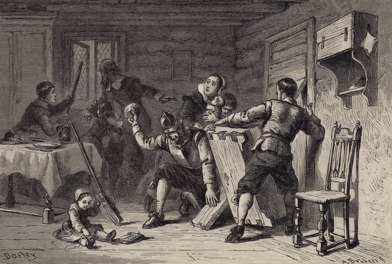 Puritáni zabarikádují svůj dům proti indiánům od after Felix Octavius Carr Darley