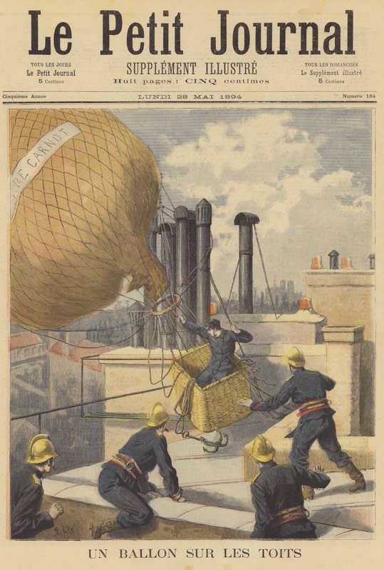 Balón nouzově přistává na střechách Paříže od after Frederic Theodore Lix