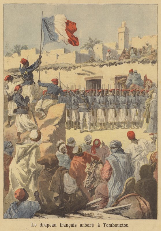 Vztyčení francouzské vlajky v Timbuktu od after Frederic Theodore Lix
