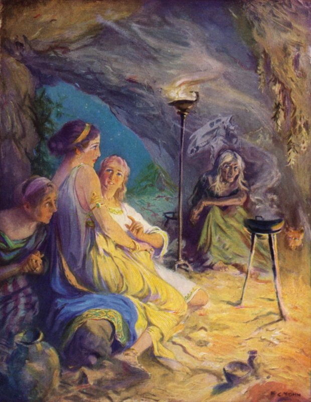 Glaukus a Ione hledají útočiště v jeskyni čarodějnic. od after Frederick Coffay Yohn