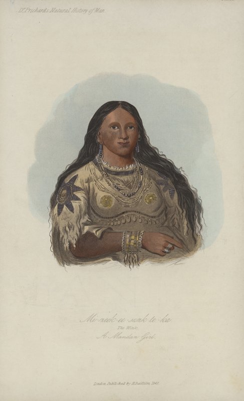 Mi-neek-ee-sunk-te-ka, Norek, mandanská dívka (akvatinta) od after George Catlin