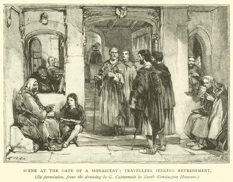 Scéna u brány kláštera, cestovatelé hledající občerstvení od after George Cattermole