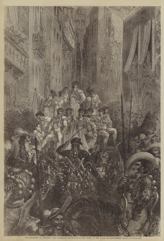 Býčí zápasy v Bayonne, kavalkáda směřující k aréně na náměstí Saint-Esprit od Gustave after Dore