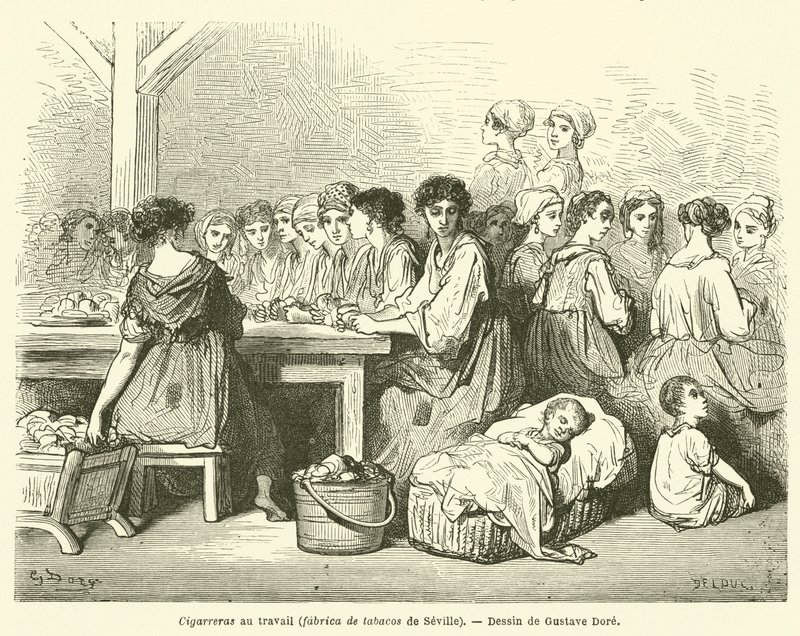 Cigarreras v práci, fabrica de tabacos ze Sevilly od Gustave after Dore
