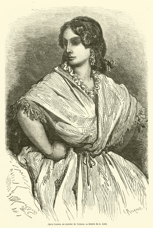 Mladá žena na trhu ve Valence od Gustave after Dore