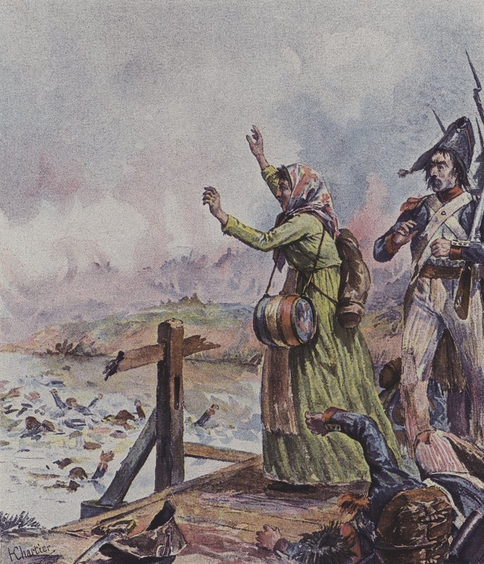 Francouzská cantiniere viděla svého manžela mezi skupinou tonoucích vojáků v bitvě u Arcole, Itálie, 1796 od after Henri Georges Jacques Chartier