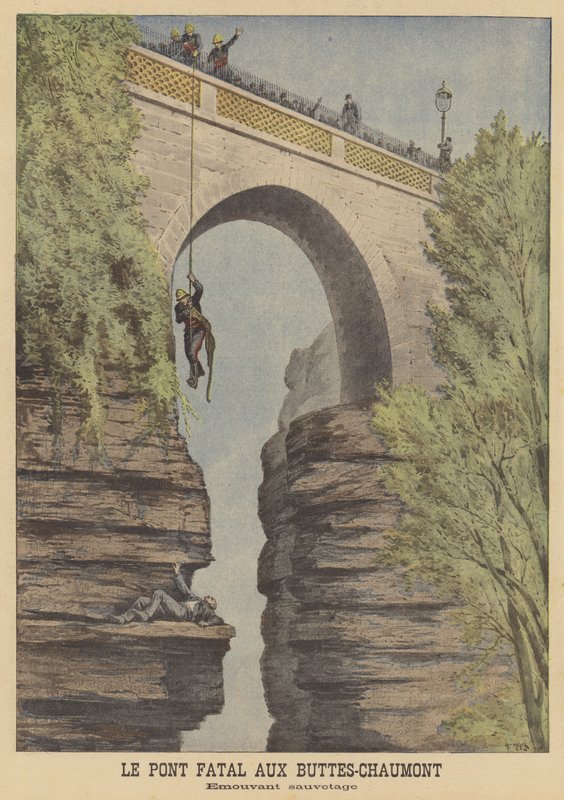Záchrana pokusu o sebevraždu na mostě v Parc des Buttes-Chaumont, Paříž od after Henri Meyer