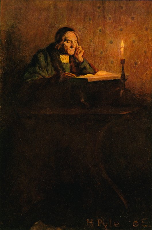 Za stolem seděl úhledný a scvrklý pán od after Howard Pyle