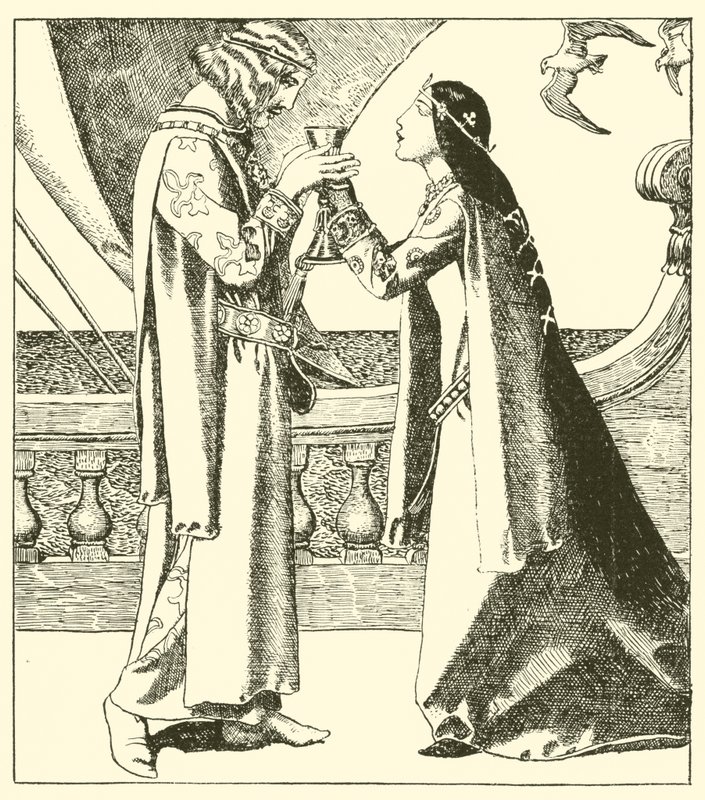 Belle Isoult a sir Tristram pijí nápoj lásky od after Howard Pyle