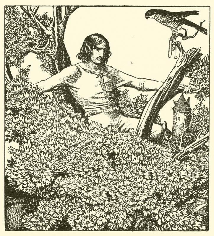 Sir Launcelot vyleze, aby chytil dámského sokola. od after Howard Pyle