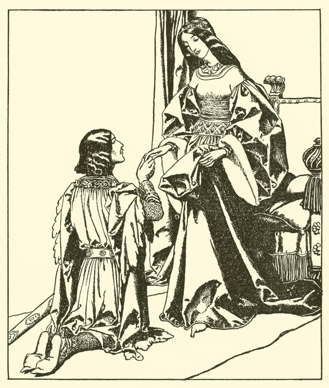 Sir Launcelot vítá královnu Guinevere od after Howard Pyle