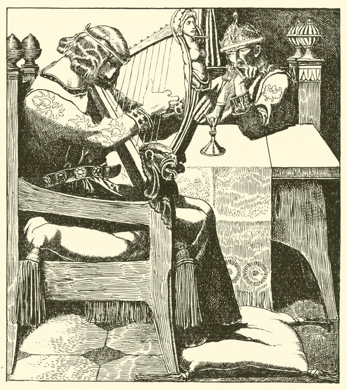 Sir Tristram harfuje před králem Markem od after Howard Pyle