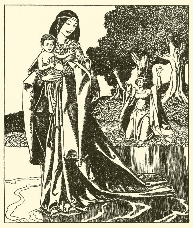 Paní Nymue odvádí Launcelota do jezera. od after Howard Pyle