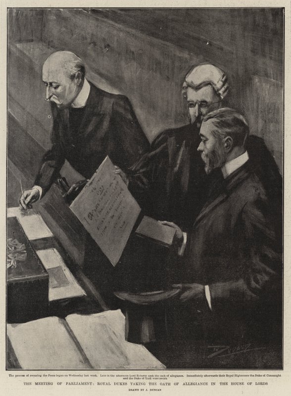 Zasedání parlamentu, královští vévodové skládající přísahu věrnosti ve Sněmovně lordů od after John Duncan